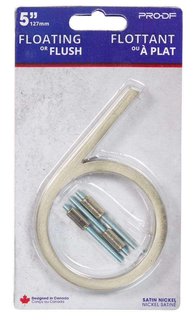 Floating House Number #6, 5 in, Satin Nickel