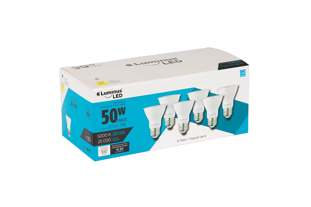 Light Bulb LED, 7w, Par20 5000k, 6/Pack