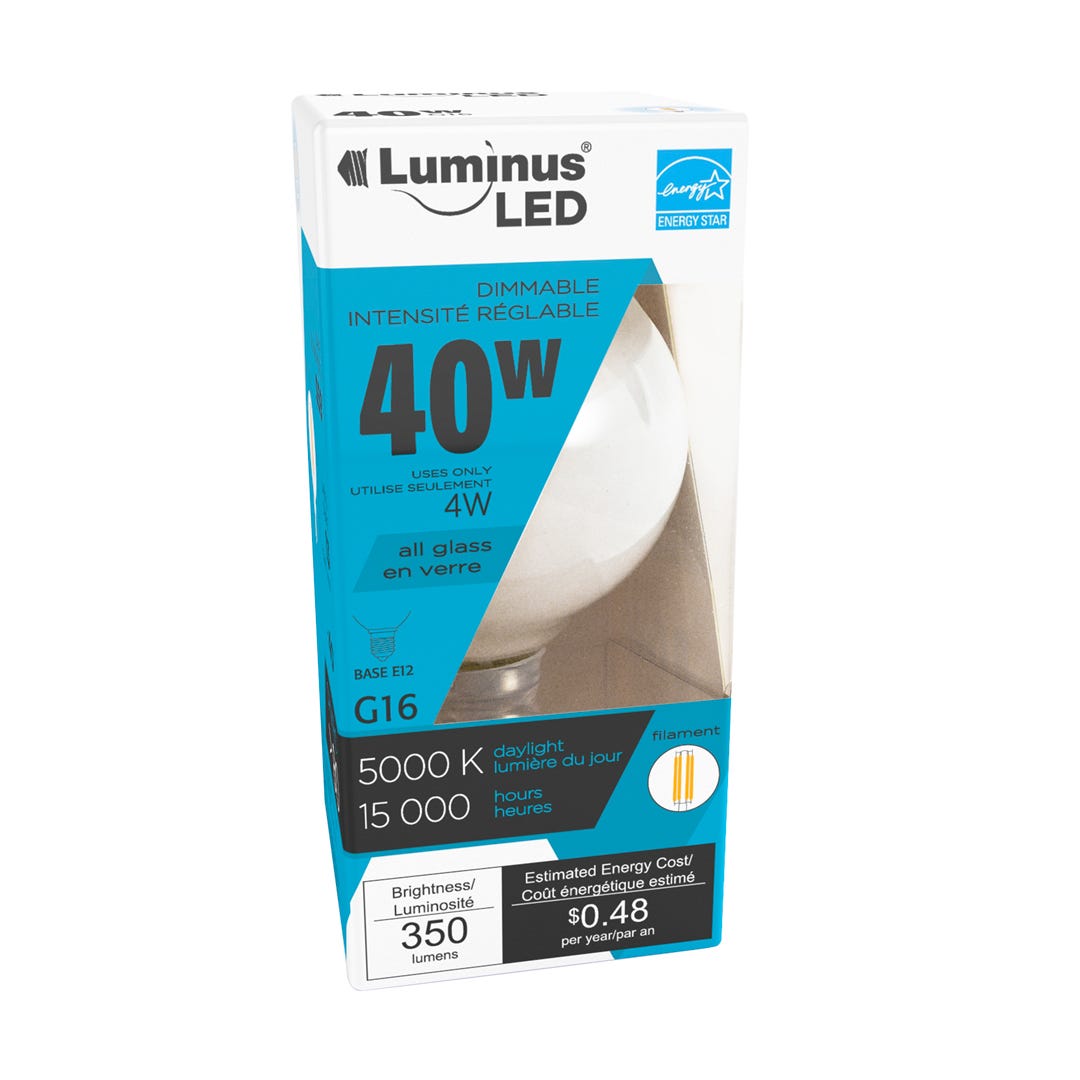 Light Bulb LED, 4w, G16, E12, White Filament, 5000k, 1/Pack
