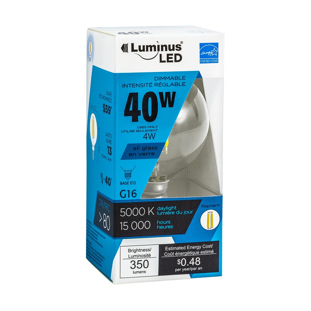 Light Bulb LED, 4w, G16, E12, Clear Filament, 5000k, 1/Pack