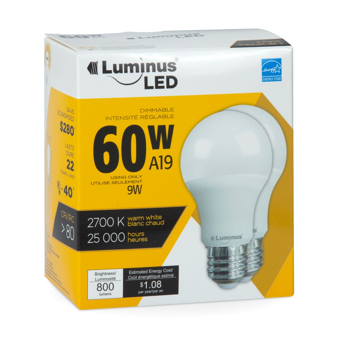 Light Bulb LED, 9.5w, Omni, A19, 2700k Dim, 2/Pack