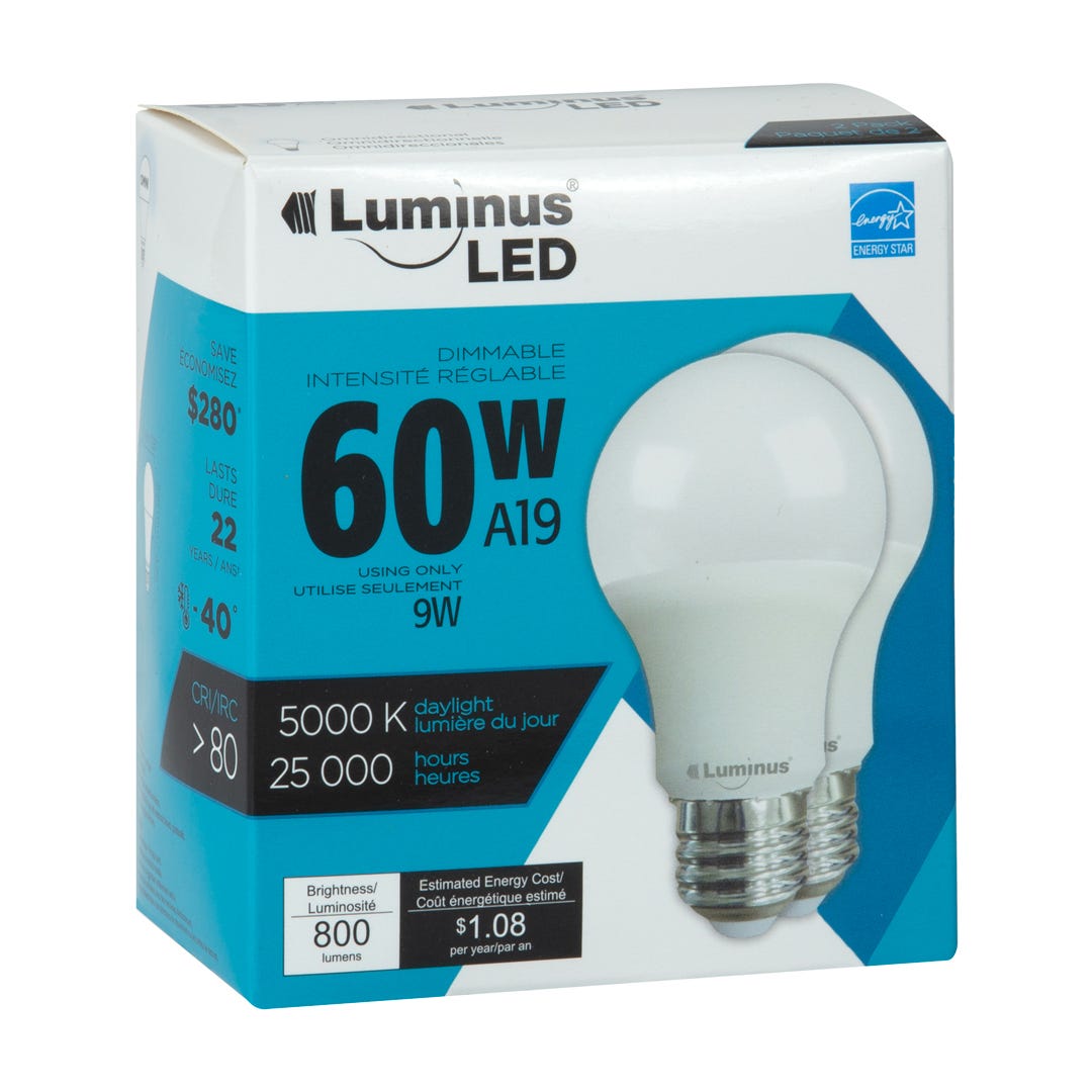 Light Bulb LED, 9.5w, Omni, A19, 5000k Dim, 2/Pack