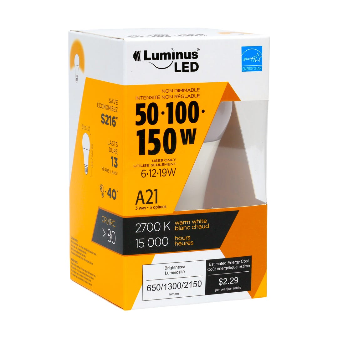 Light Bulb LED, 3 Intensities, 150w, A21, 27k, 1/Pack
