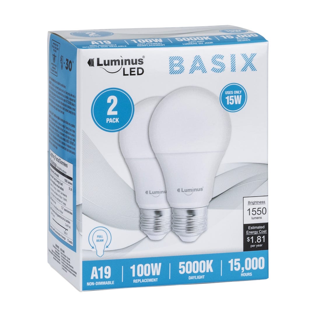 Light Bulb LED, 15w, A19, 5000k, 2/Pack