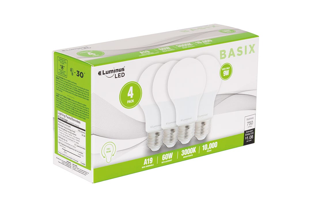 Light Bulb LED, 9w, 3000k, A19, 4/Pack