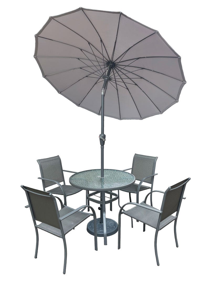 PISA Patio Dining Set with Umbrella and Base, 7 Pieces, Grey