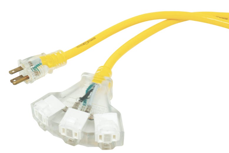 Outdoor Electrical Extension, 12/3, Lighted Plugs, 25 ft., Yellow