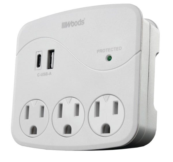 Power Strip with USB A-C Ports, 3 Outlets, 560 Joules
