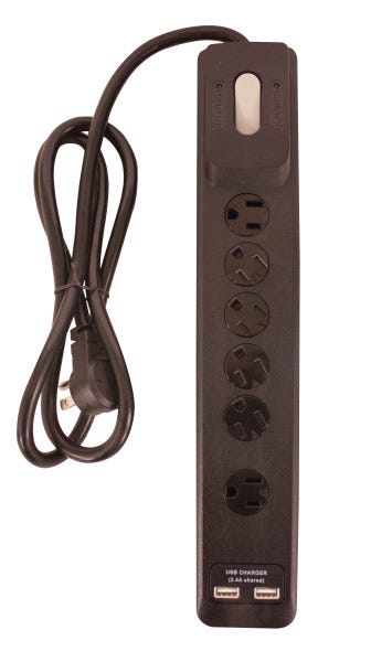 Power Strip with USB, 6 outlets, 4 ft., Black