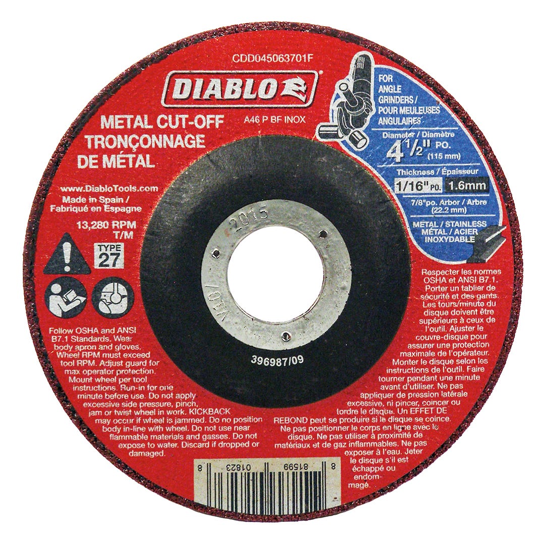 Metal Cut-Off Disc, type 27, 4-1/2 in. X 1/16 in., 7/8 in. Arbor