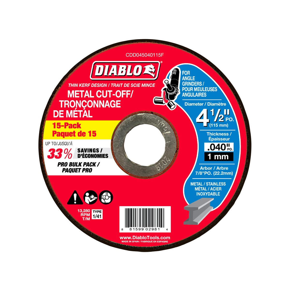 Metal Cut-Off Disc, type 1, 4-1/2 in. X 0,040, 7/8 in. arbor, 15/Pack