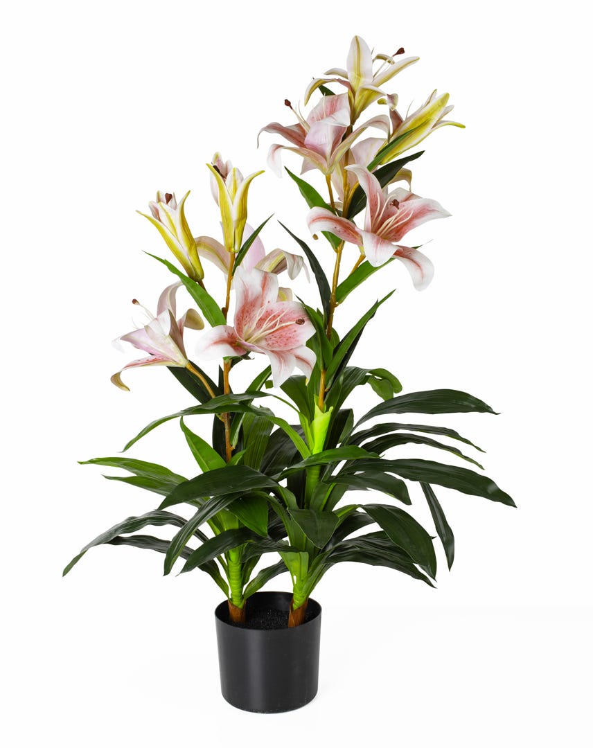 Artificial Pink Lily In Black Pot, 35  in.