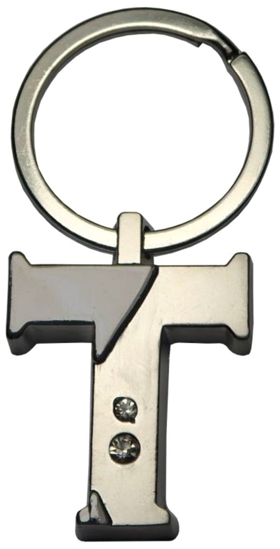 Silver Two-Tone Initial Keychain, 'T'