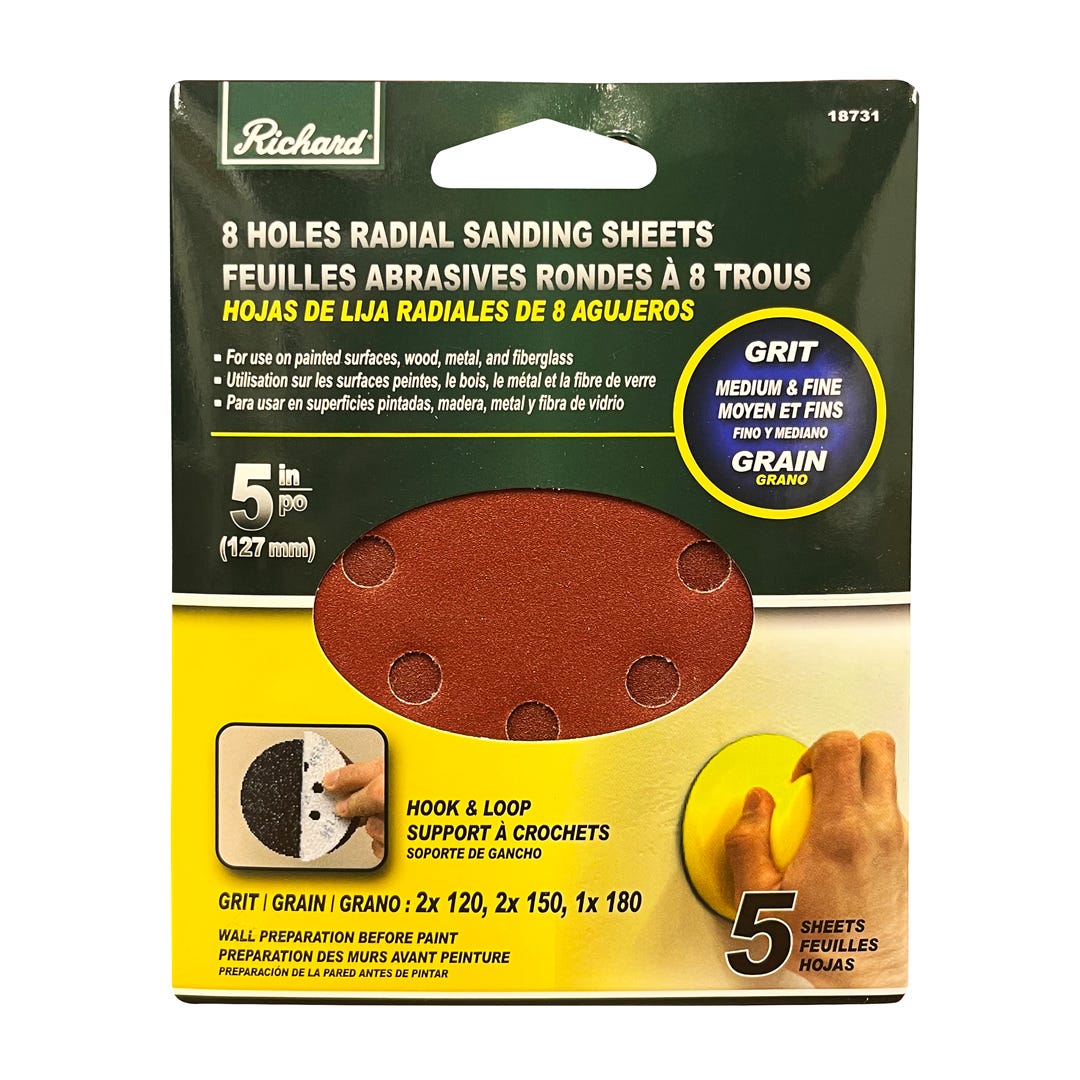 Round Abrasive Sheets, 5 in., assorted grits, 5/Pack