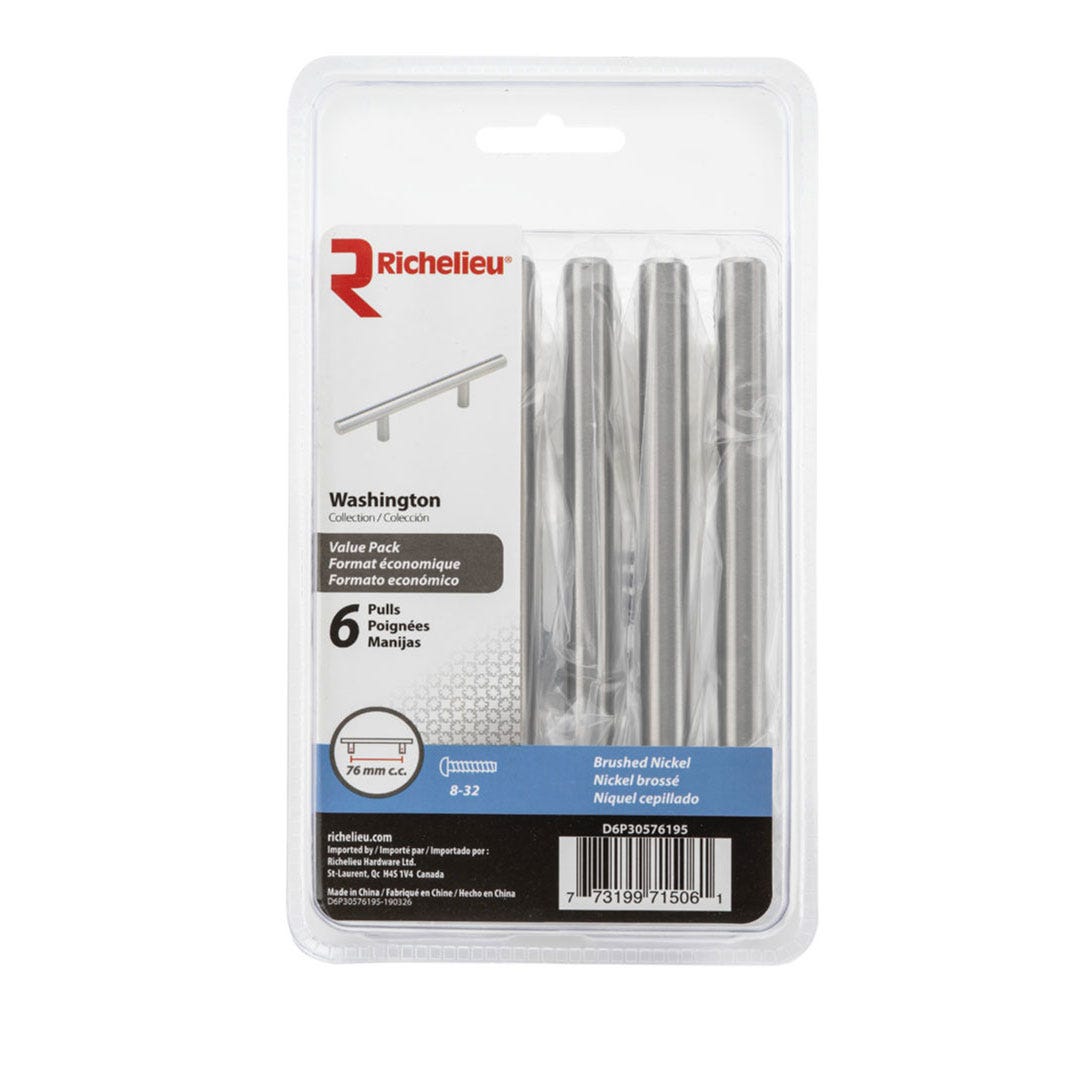 Contemporary Steel Pulls, 76 mm, Brushed Nickel, 5/Pack
