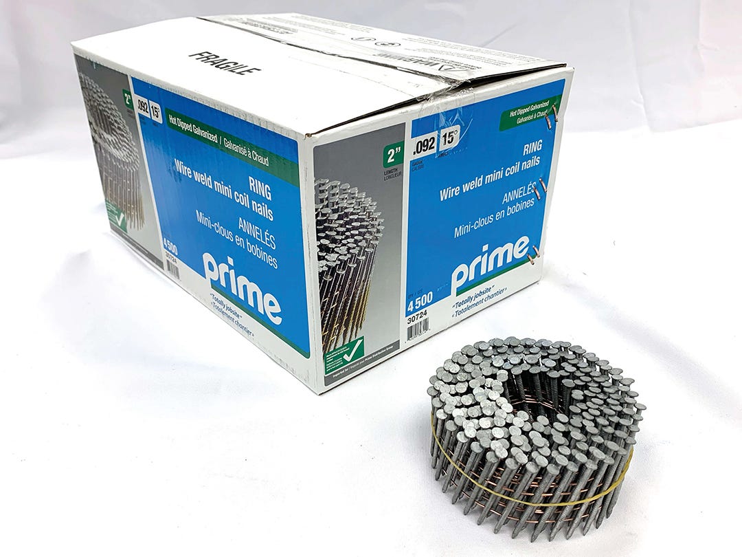 Coil Nail Hot Dip Galvanized, Ring Shank, 15 degrees, 2 in., 4500/box