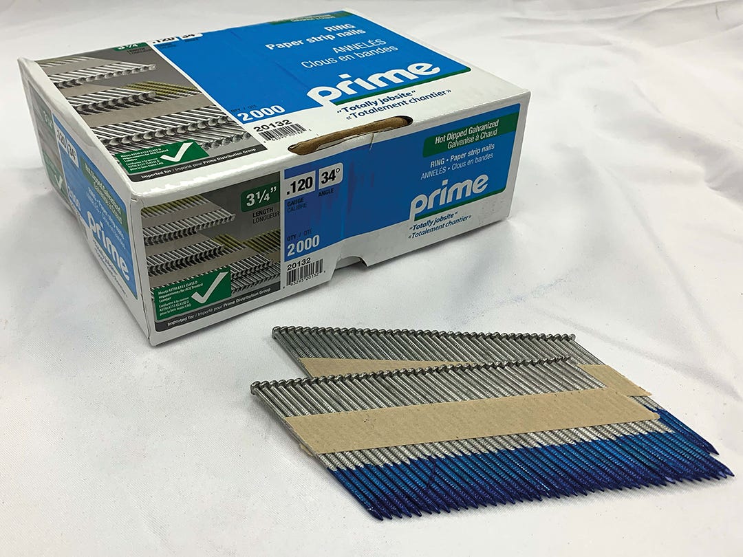 Galvanized Nail Paper Strip, Ring sank, Hot-dip galvanized, 34 degrees, 3-1/4 in., 2000/box