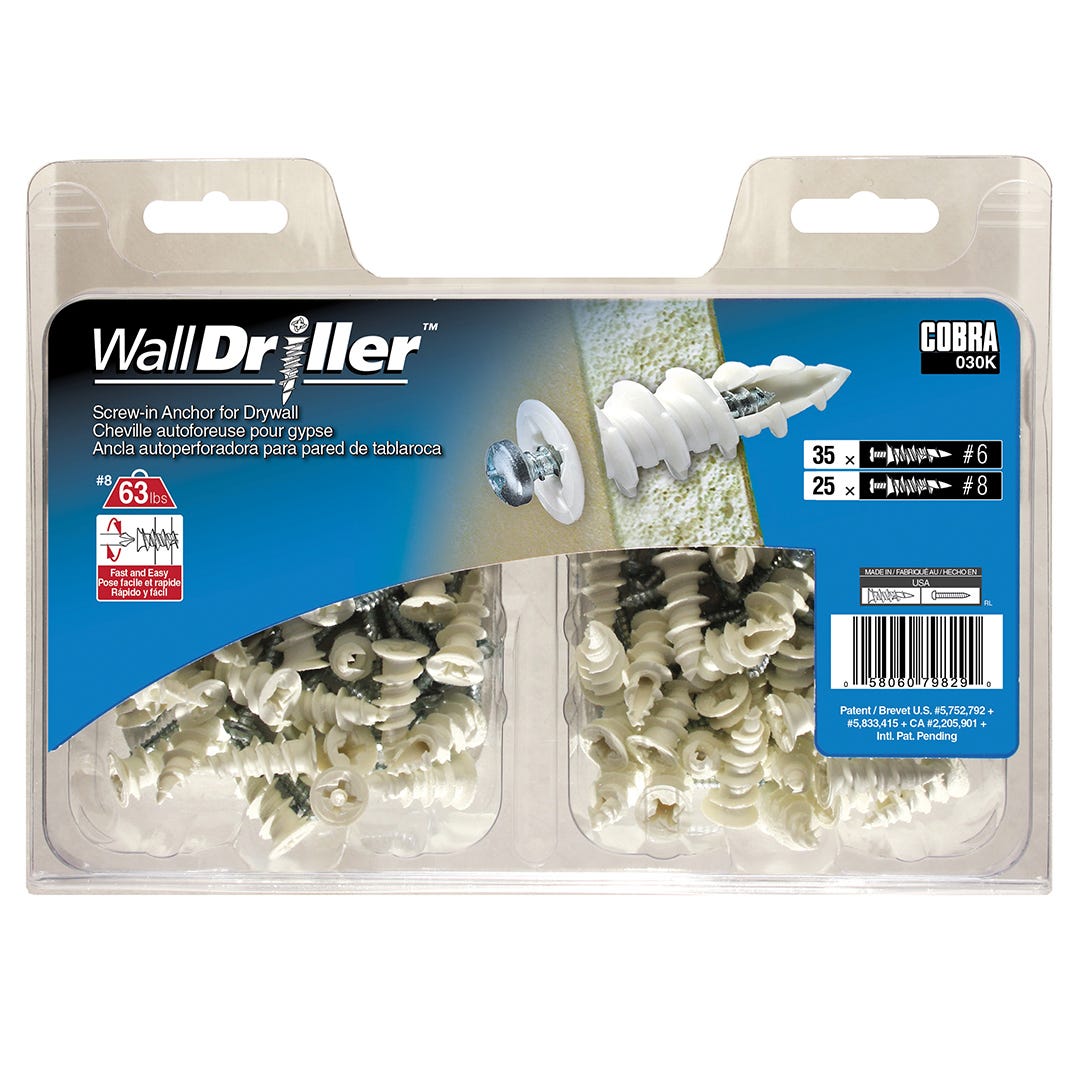 WALLDRILLER Drywall Anchor, #6 and #8, + Screws x 7/8 in., 1-1/4 in., White, 35+25/Pack
