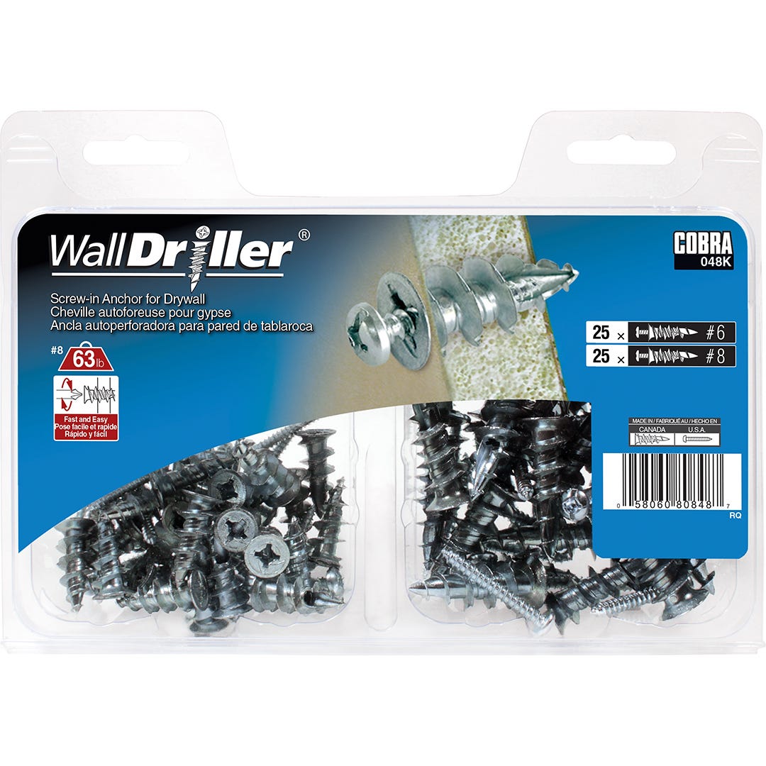 WALLDRILLER Drywall Anchor, #6 and #8, + Screws x 7/8 in., 1-1/4 in., 35+25/Pack