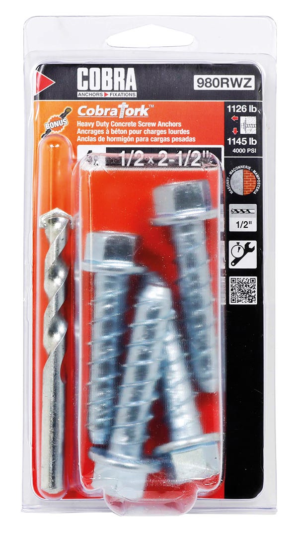 Anchoring Screws, 1/2 in. x 2-1/2 in. + Drill Bit, 4/Pack