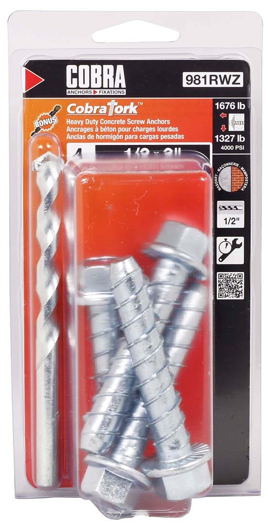 Anchoring Screws, 1/2 in. x 3 in. + Drill Bit, 4/Pack