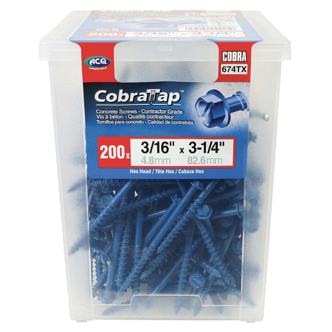 Concrete Hex Head Screws, 3/16 in. x 3-1/4 in., 200/pack
