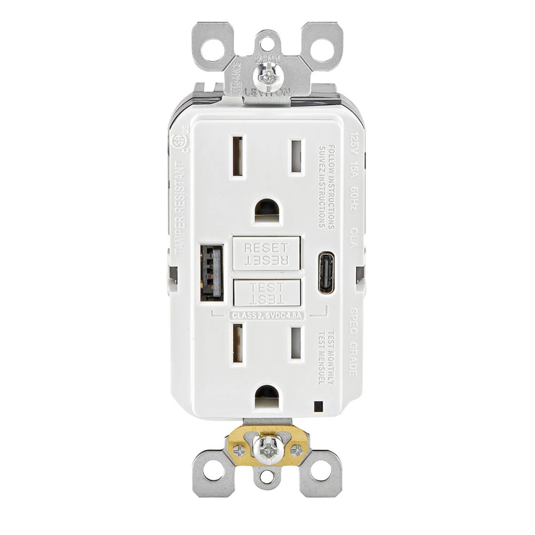 15A GFCI Combination Receptacle Type A/C USB In-Wall Charger, White