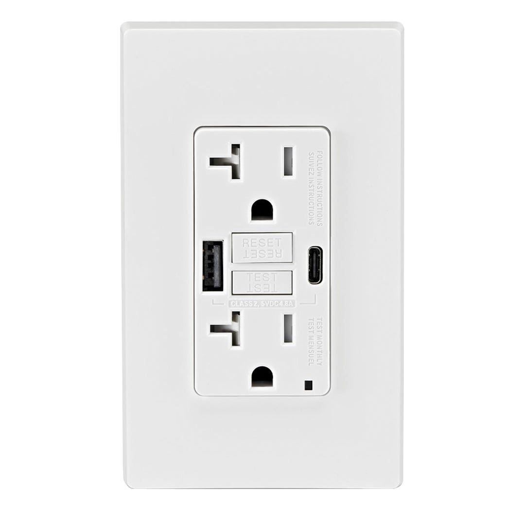 20A GFCI Combination Receptacle Type A/C USB In-Wall Charger, White