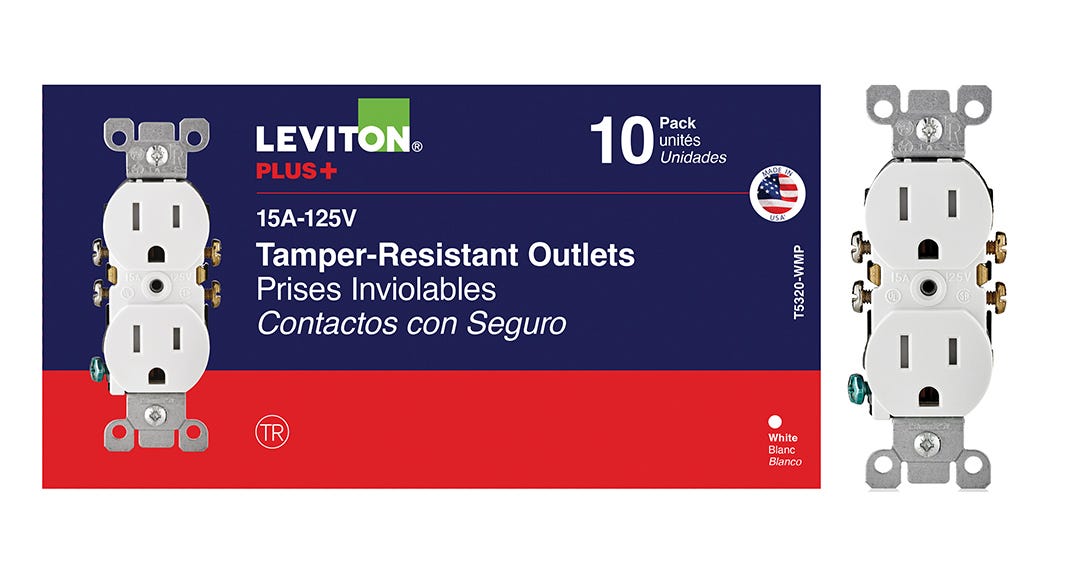 Double Tamper-Resistant Outlet, 15 A, White, 10/Pack