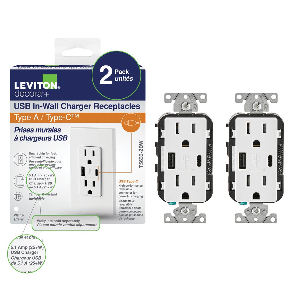 USB Charger Outlet, Type-A/Type-C, 2/Pack