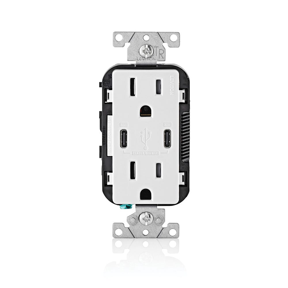 Double USB Charger Outlet, Type-C, White