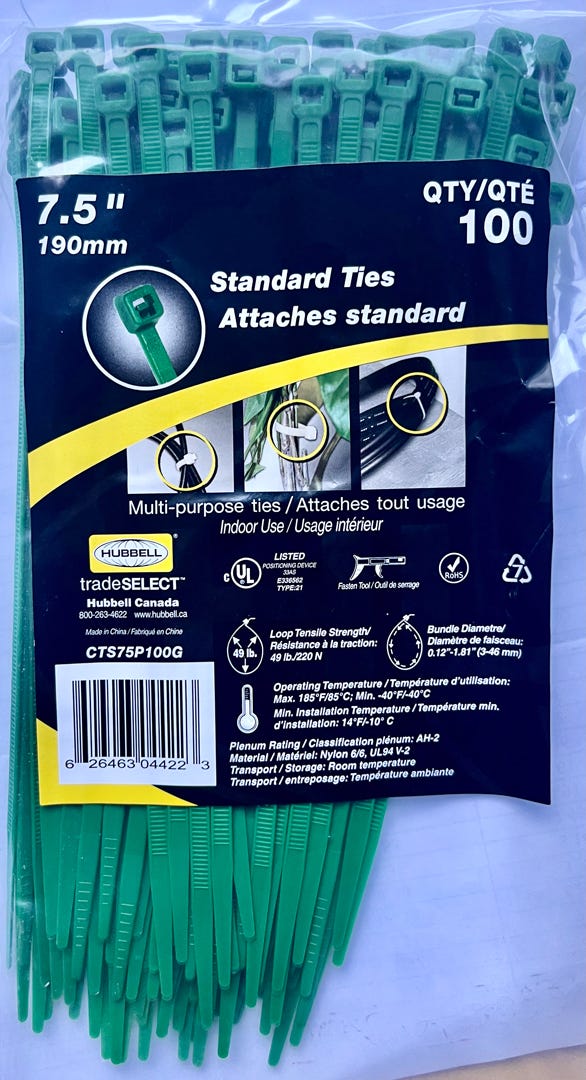 Cable Tie, 7.5 in., Green, 100/Pack