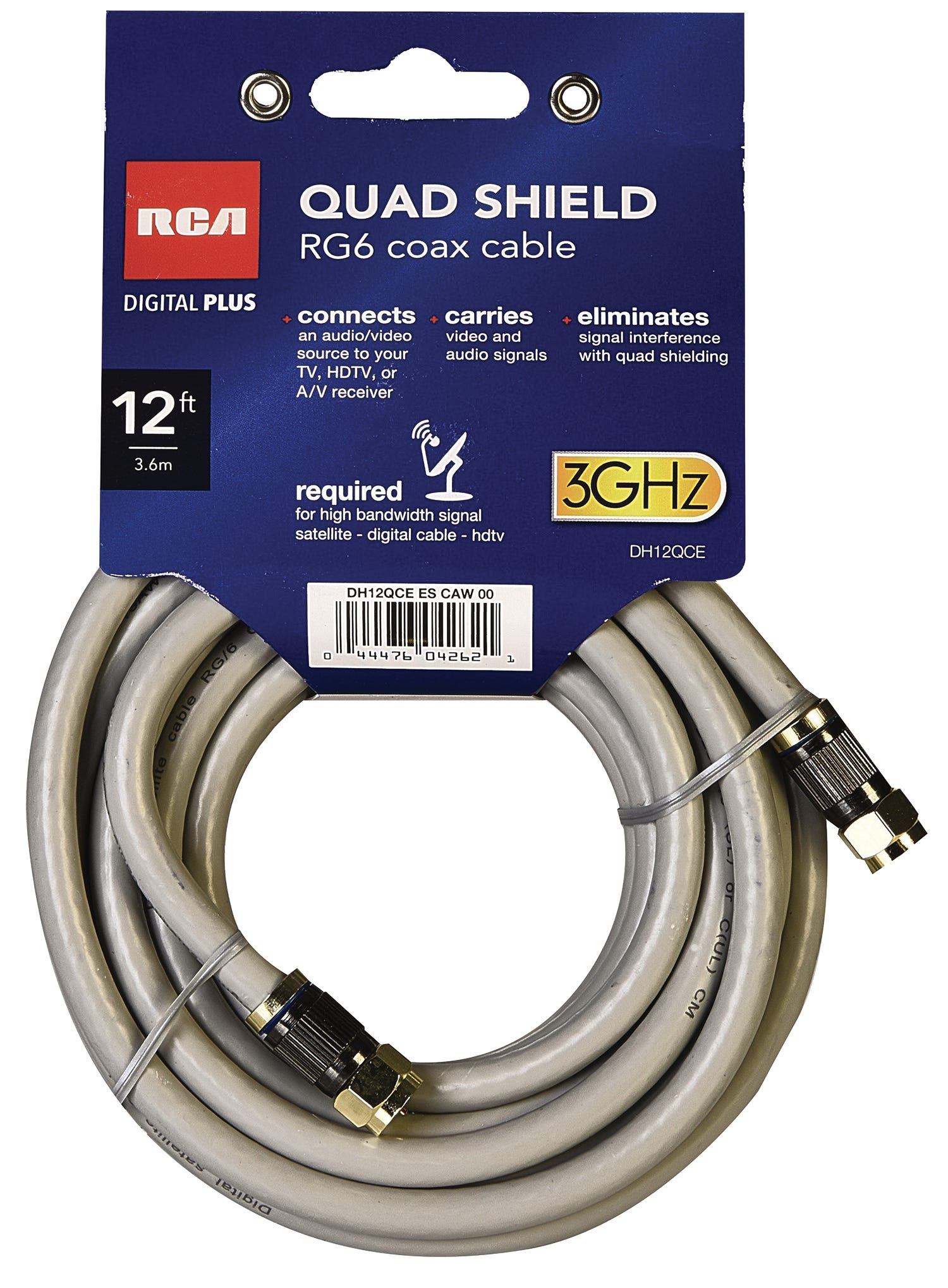12-ft. Rg6 Quad Shield Coax. Cable, Grey