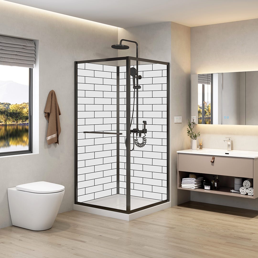 Square Shower Set with Tile Wall Design, 36 in, Black