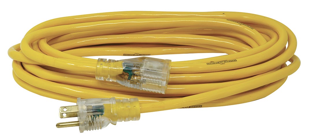 Outdoor Electrical Extension, 14/3, Lighted End, 25 ft., Yellow