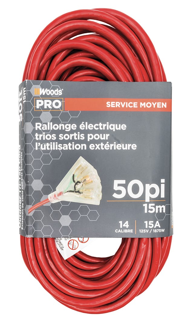 Outdoor Electrical Extension, 14/3, Lighted Plugs, 50 ft., Red