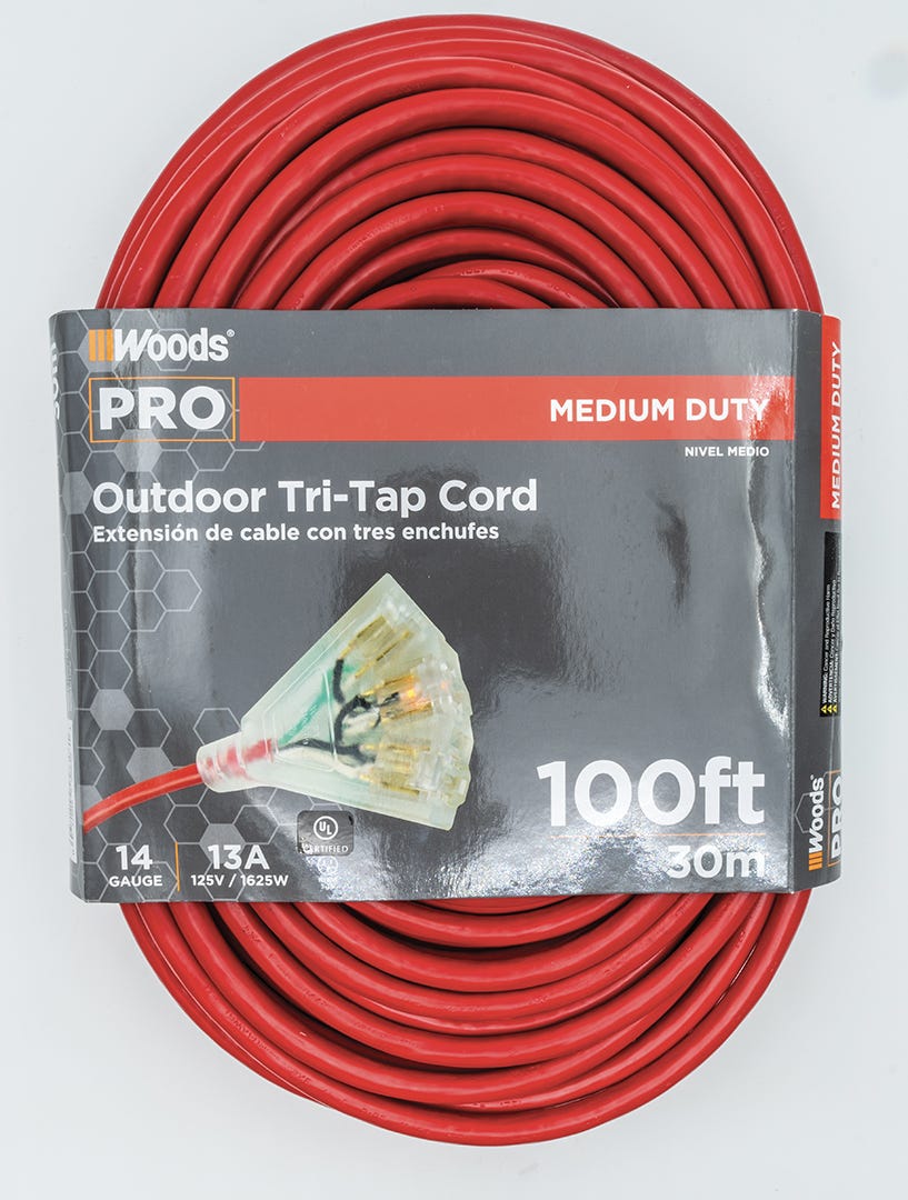 Outdoor Electrical Extension, 14/3, Lighted Plugs, 100 ft., Red
