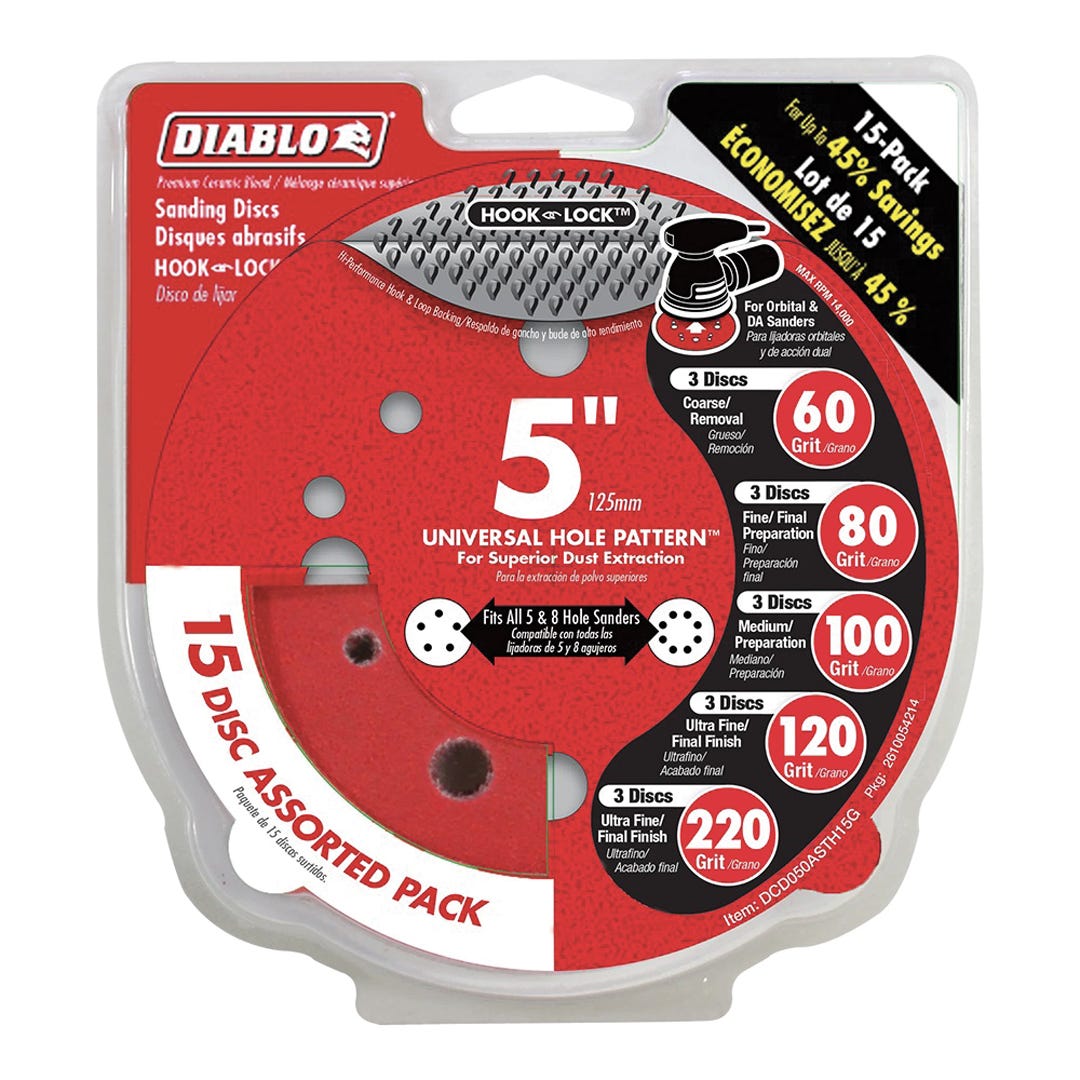 Sanding Discs, 5 in., Assorted Grits, 15/Pack