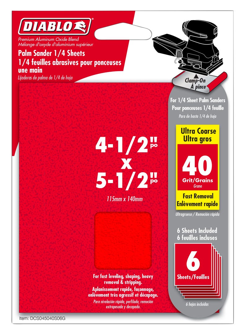 Palm Sander 1/4 sheets, 4-1/2 in. x 5-1/2 in., 40 grit, 6/Pack