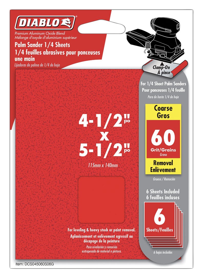 Palm Sander 1/4 sheets, 4-1/2 in. x 5-1/2 in., 60 grit, 6/Pack