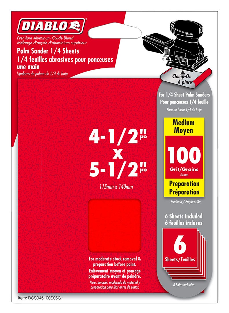 Palm Sander 1/4 sheets, 4-1/2 in. x 5-1/2 in., 100 grit, 6/Pack