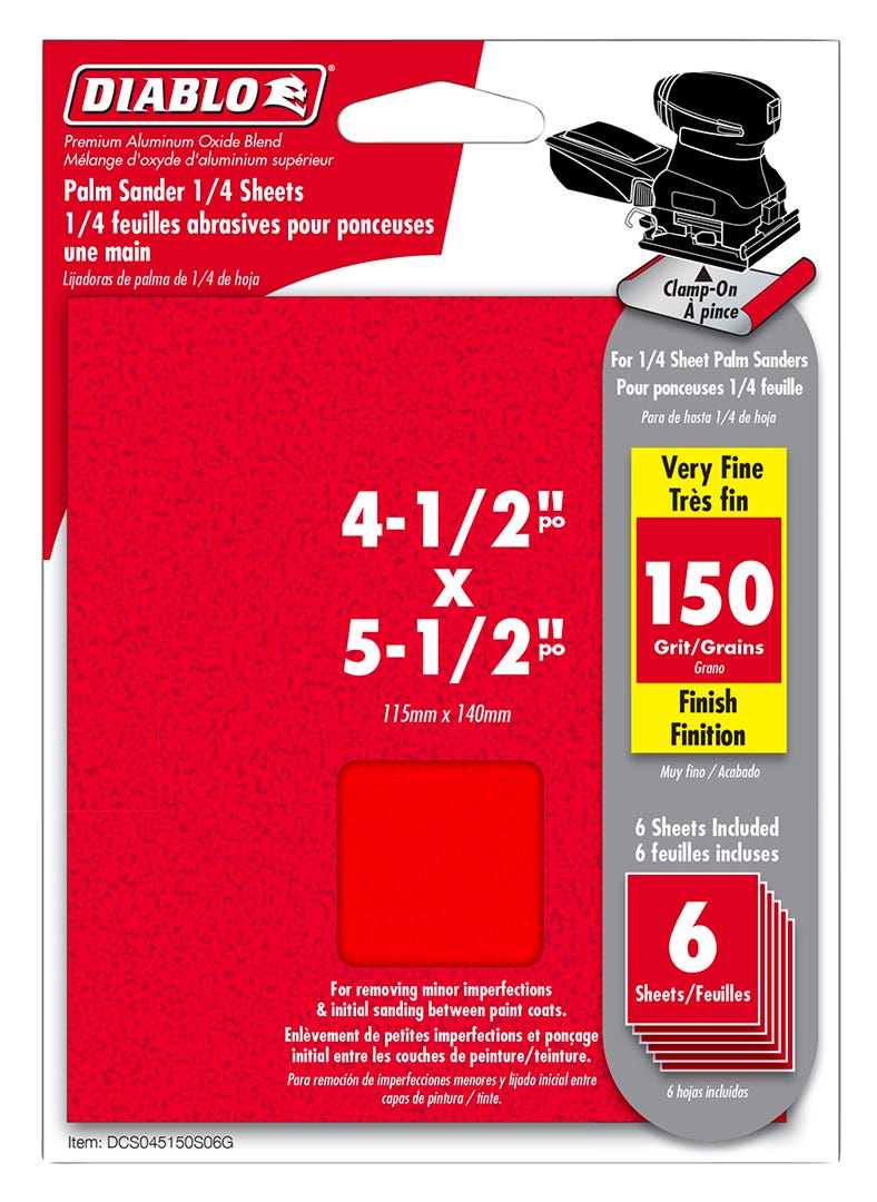 Palm Sander 1/4 sheets, 4-1/2 in. x 5-1/2 in., 150 grit, 6/Pack