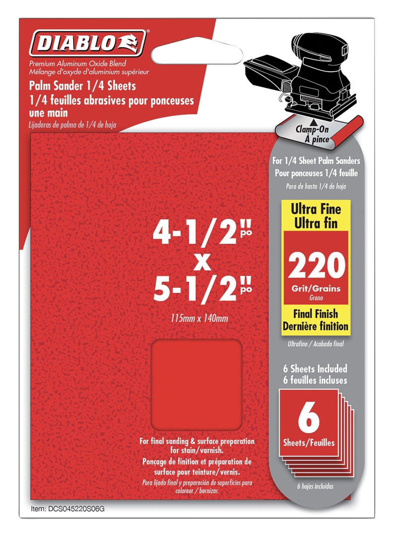 Palm Sander 1/4 sheets, 4-1/2 in. x 5-1/2 in., 220 grit, 6/Pack