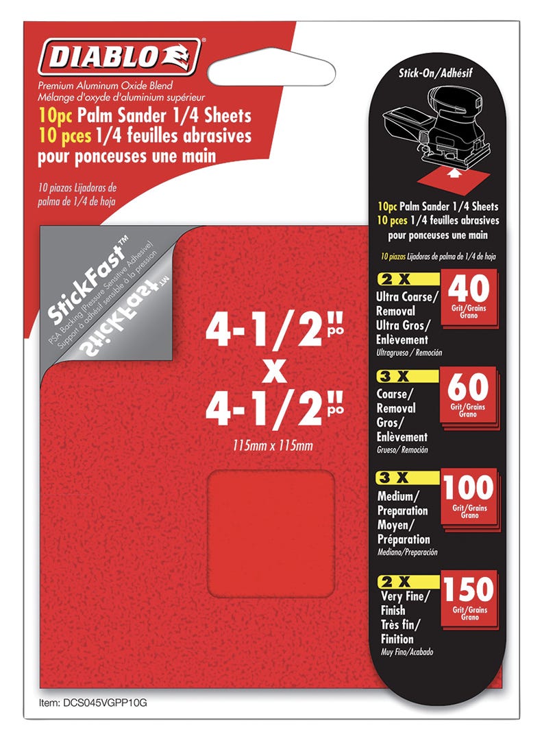 Palm Sander 1/4 sheets, 4-1/2 in. x 5-1/2 in., Assorted GritS, 6/Pack