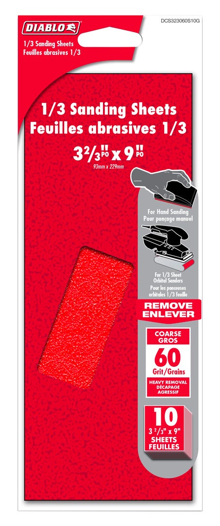 1/3 Sanding Sheets, 3-2/3 in. x 9 in., 60 grit, 10/Pack