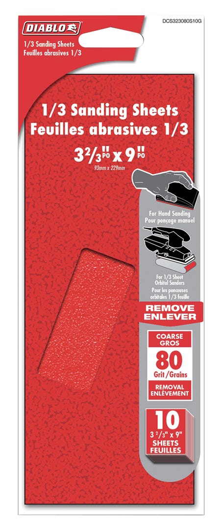1/3 Sanding Sheets, 3-2/3 in. x 9 in., 80 grit, 10/Pack
