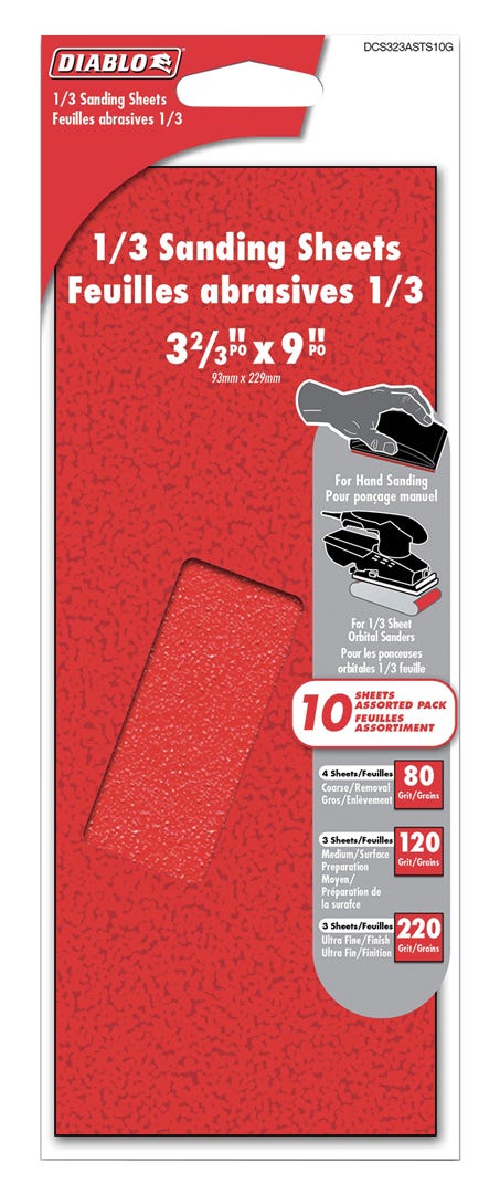 1/3 Sanding Sheets, 3-2/3 in. x 9 in., Assorted Grits, 10/Pack
