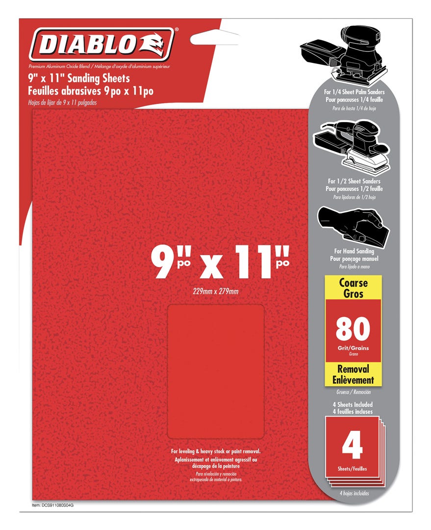 Sanding Sheet, 9 in. X 11 in., grit 80, 4/Pack