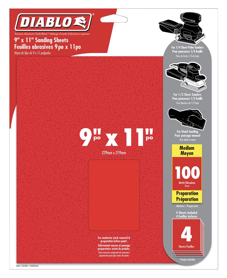 Sanding Sheet, 9 in. X 11 in., grit 100, 4/Pack