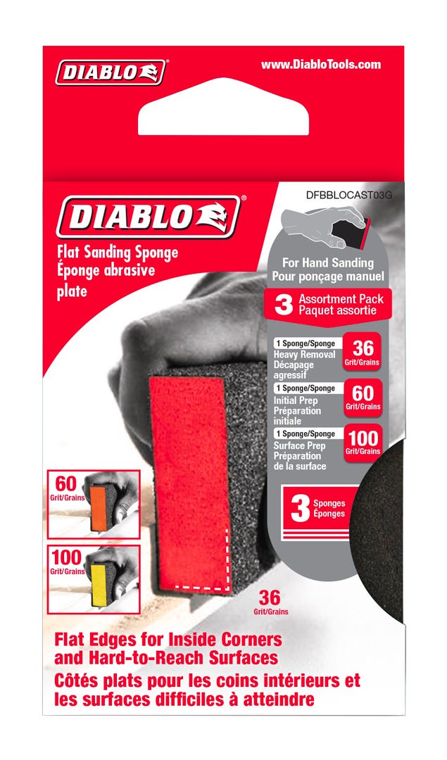 Flat Sanding Sponge, Assorted Grits, 3/Pack